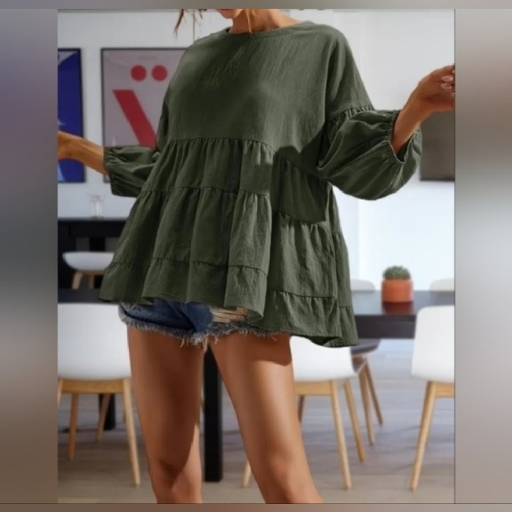 Bohemian Olive Green Tiered Peasant Blouse - Picture 6 of 16